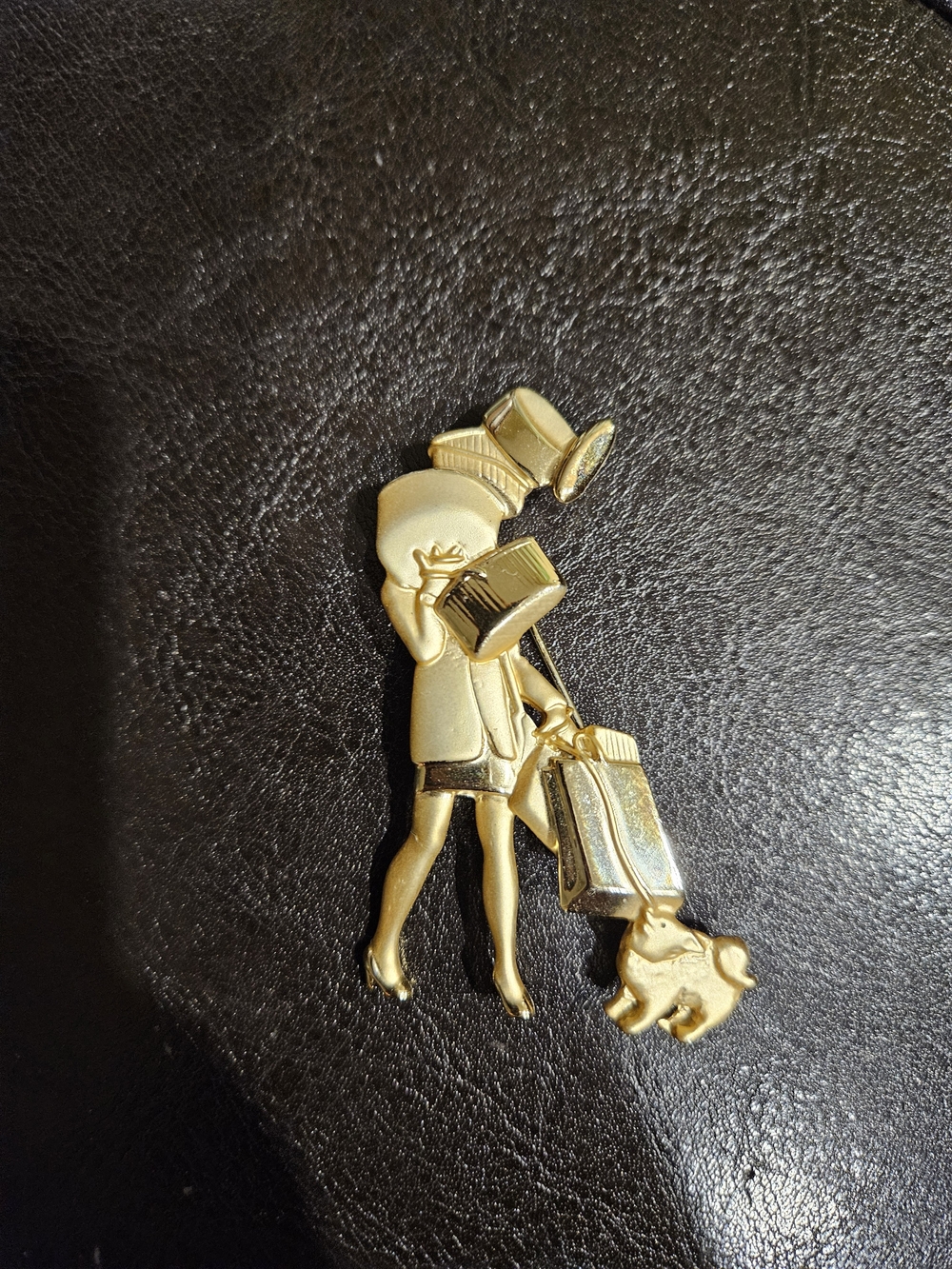 Gold-tone Lady with Shopping Bag Brooch